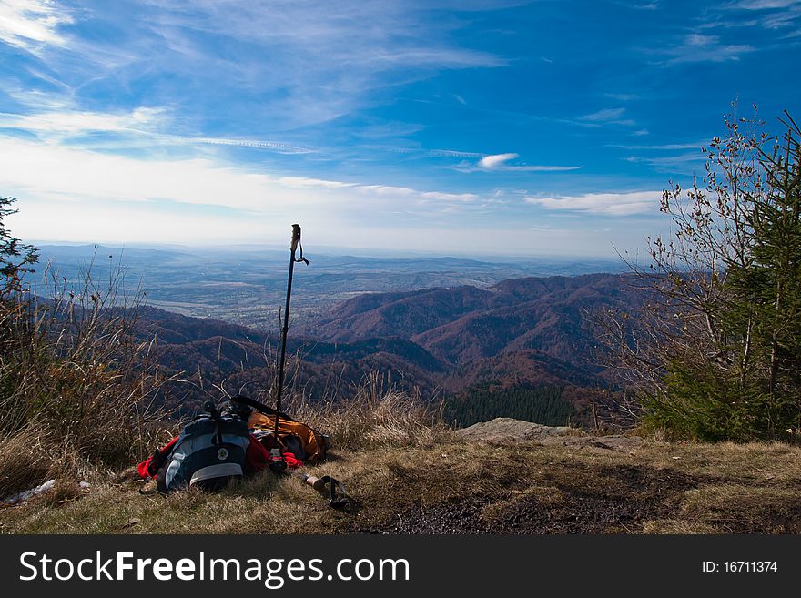 Backpack on mountain top