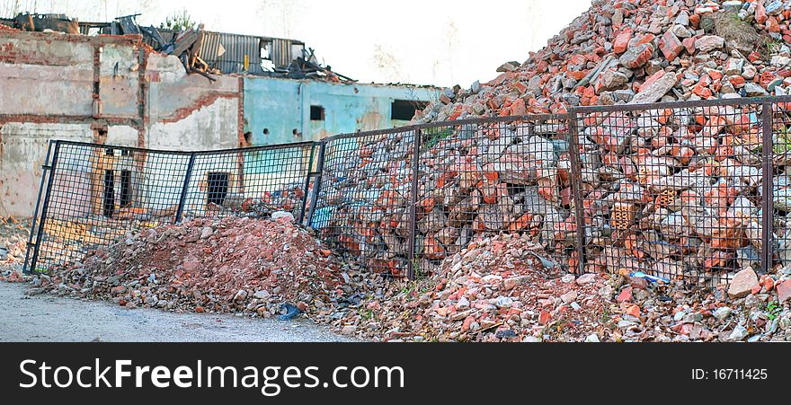 Wide angle view of an old wall abandoned factory building