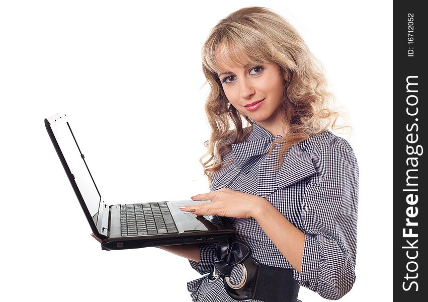 Portrait of young beautiful woman holding laptop - isolated on white