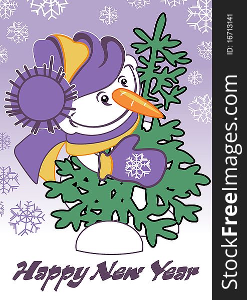 Postcard for the new year, featuring a snowman