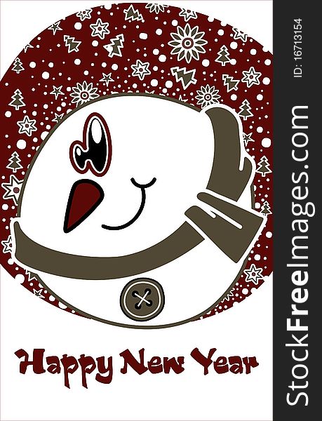 Postcard for the new year, featuring a snowman