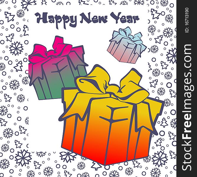 Postcard for the new year with an image of gift boxes