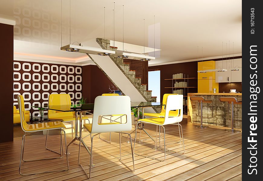 Modern kitchen with yellow chairs