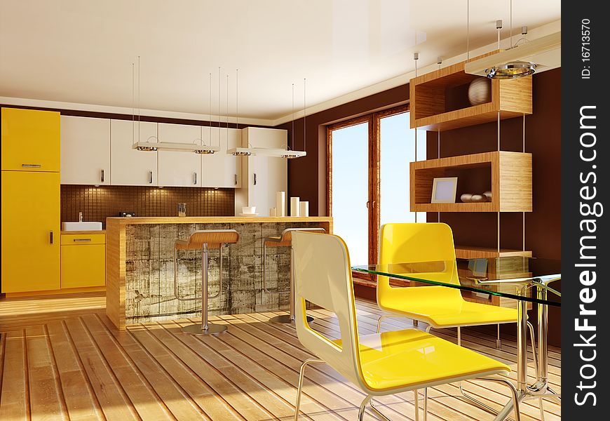 Modern yellow kitchen with bar. Modern yellow kitchen with bar