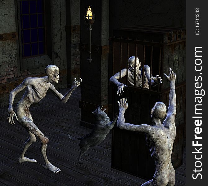 3d rendering a group of Zombies in scene as illustration. 3d rendering a group of Zombies in scene as illustration