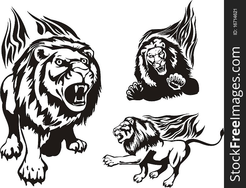 The lion has opened a mouth. Flaming big cats. Vector illustration ready for vinyl cutting.