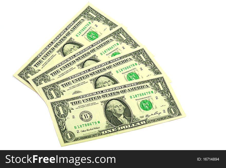 Four banknotes in one dollar isolated on a white background