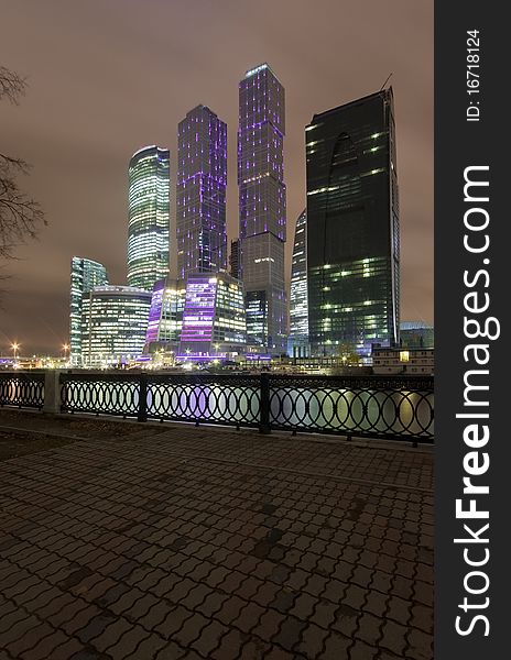 Night view on skyscrapers in Moscow-City office district. Location: Moscow, Russia.