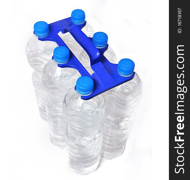 Group of six water bottles on white background