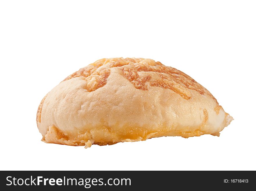 Rich white bread topped with cheese on a white background.