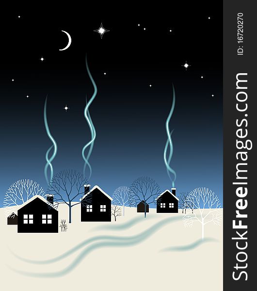 Winter night landscape with a silhouettes trees and houses. Winter night landscape with a silhouettes trees and houses