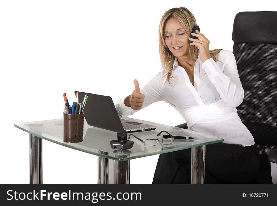 Happy businesswoman working on laptop. Happy businesswoman working on laptop