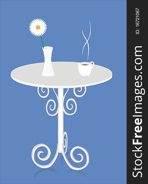 Table with a flower in a vase and a cup of coffee. Table with a flower in a vase and a cup of coffee