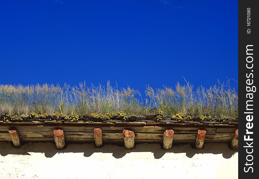 There is the eaves of Lama Temple covered with grass in Shangri-La. There is the eaves of Lama Temple covered with grass in Shangri-La