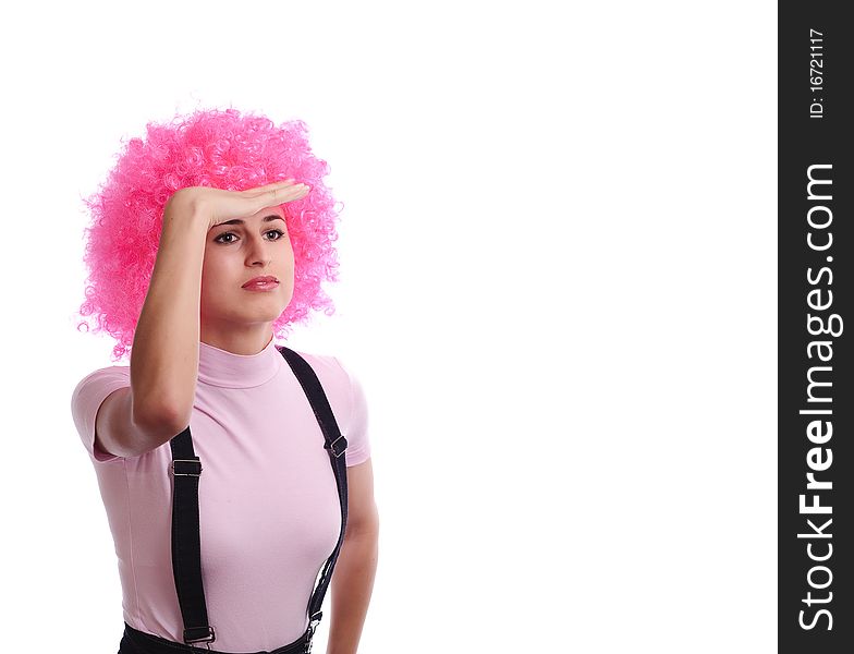 Girl in pink wig watching around, isolated on white. Girl in pink wig watching around, isolated on white