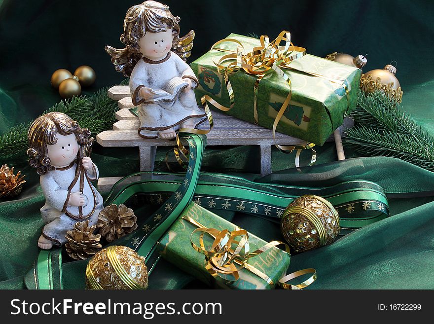 Christmas with two angels on a carriage. Christmas with two angels on a carriage