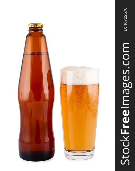 Beer, bottle, glass, isolated on white background. Beer, bottle, glass, isolated on white background.