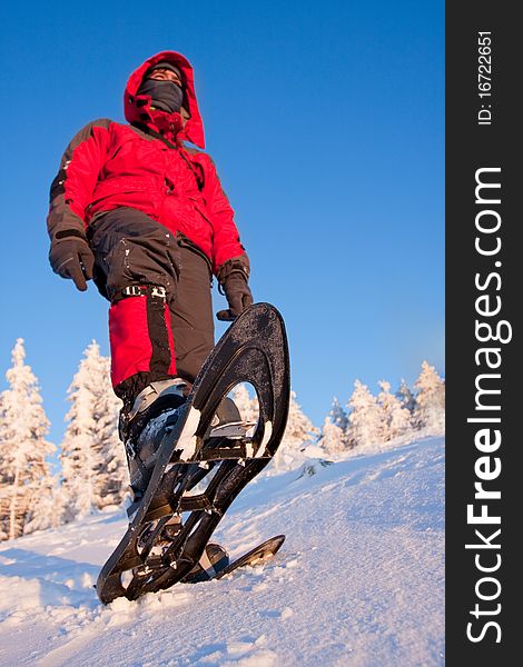 Hiker in winter in mountains