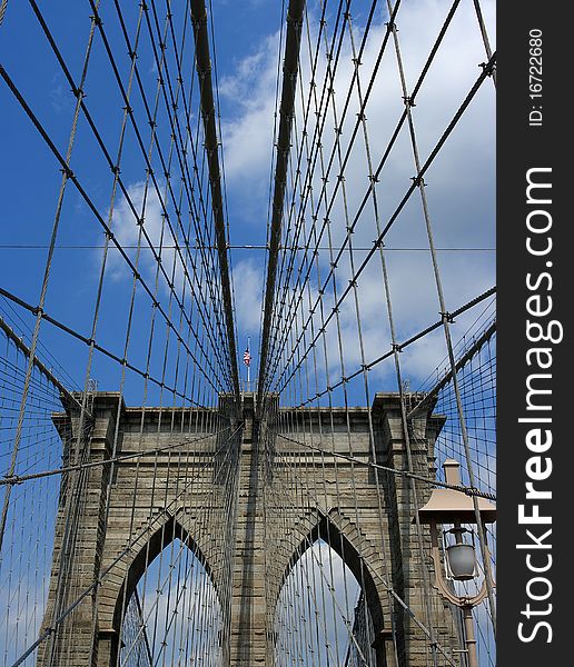 Brooklyn Bridge in New York with US Flag