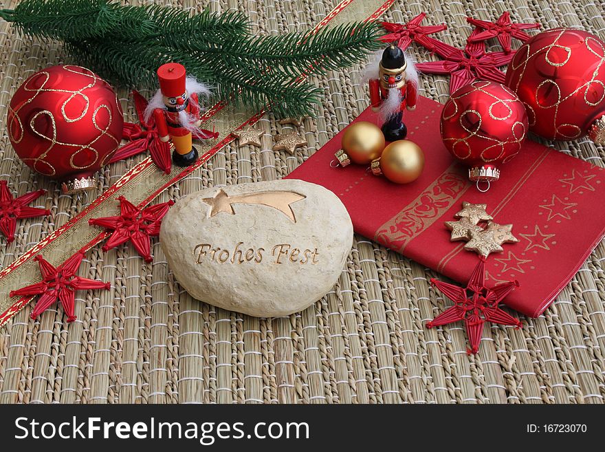 Christmas table with nutcracker and Christmas tree ball. Christmas table with nutcracker and Christmas tree ball