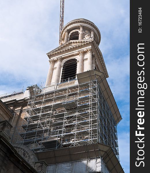 Construction and restoration on a cathedral in Paris France. Construction and restoration on a cathedral in Paris France