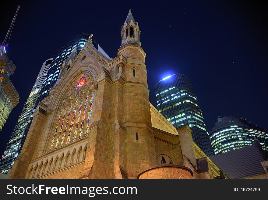 Old and new buildings in Brisbane using HDR method showing different and contrasting architecture at night. Old and new buildings in Brisbane using HDR method showing different and contrasting architecture at night