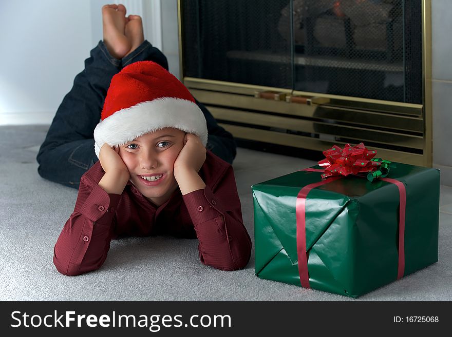 Eight Year Old Boy In Santa Hat