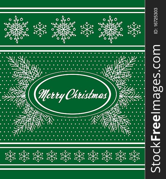 Green vintage marry christmas card with white snowflakes
