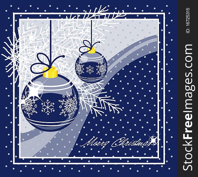 Marry christmas blue greeting card with ornate balls. Marry christmas blue greeting card with ornate balls