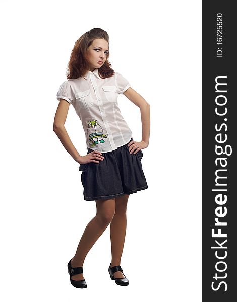 Girl In Blouse And Skirt Standing Isolated White