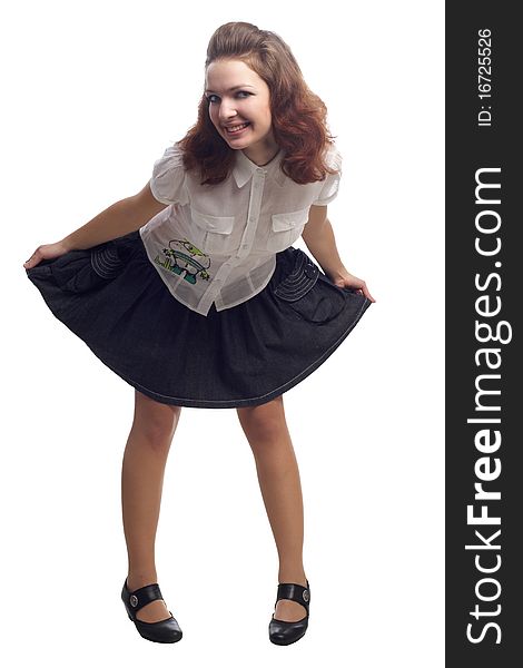 Girl In Blouse And Skirt Standing Isolated White