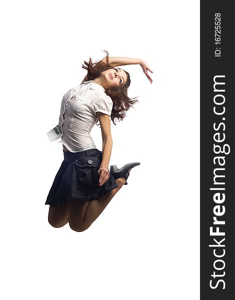 Girl In Skirt Jumping  Isolated White