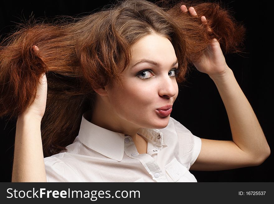 Girl Dishevelled Hair Isolated Black Background