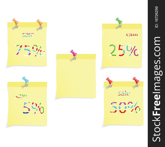 Five writing forms for records with various percentage discounts and multicolored pins