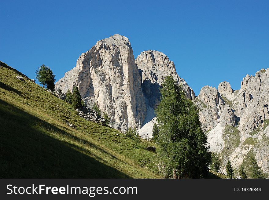Scenic mountain landscape in Fassa Valley - Italian Dolomites.