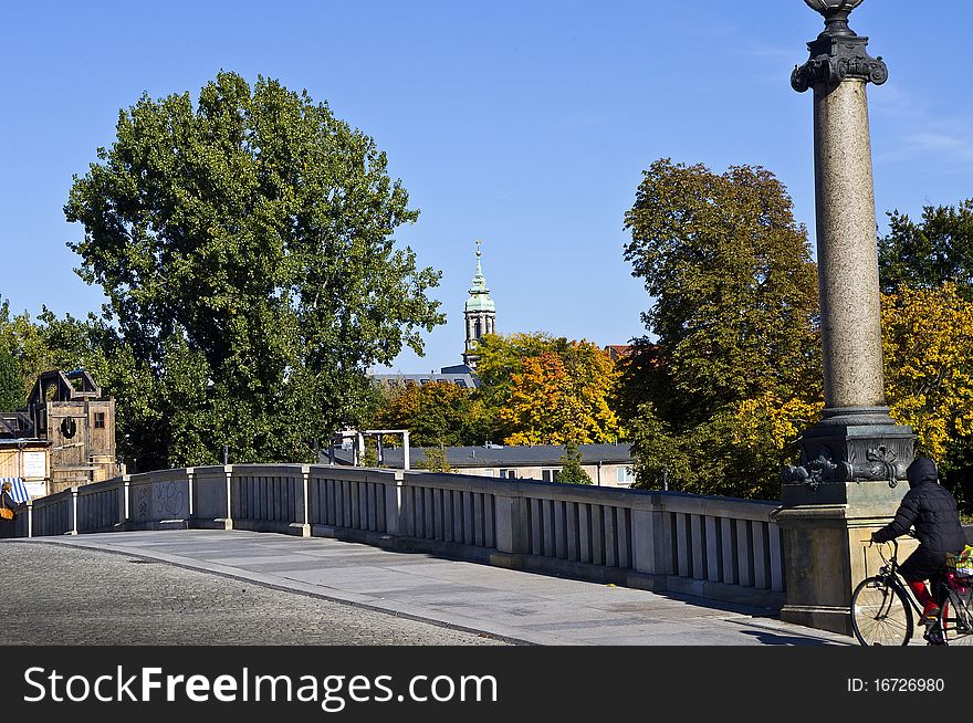 city center of Berlin in autumn, bridge over the river