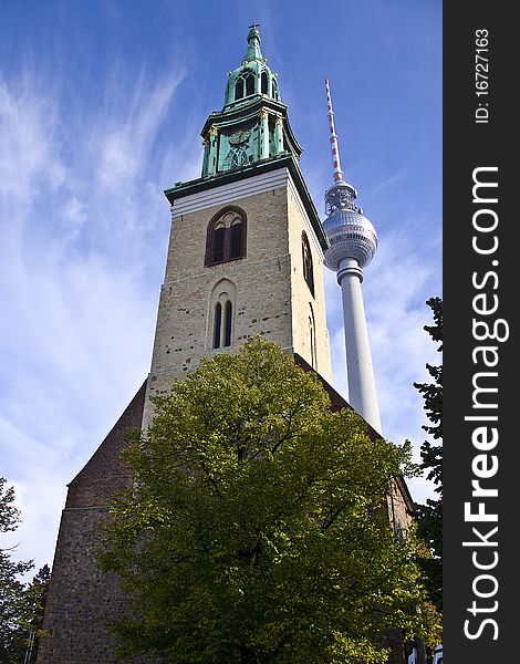 Church and TV tower in the city center of Berlin