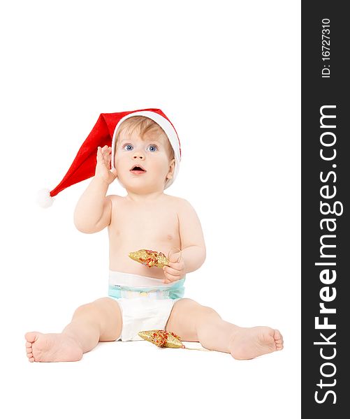 Santa! Where Are You? Cute baby in a Santa hat isolated on white