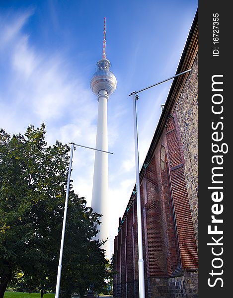 Church and TV tower in the city center of Berlin