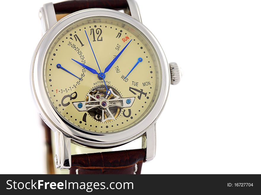 Mechanical menÂ´s wrist watch. Isolated on white background. Mechanical menÂ´s wrist watch. Isolated on white background
