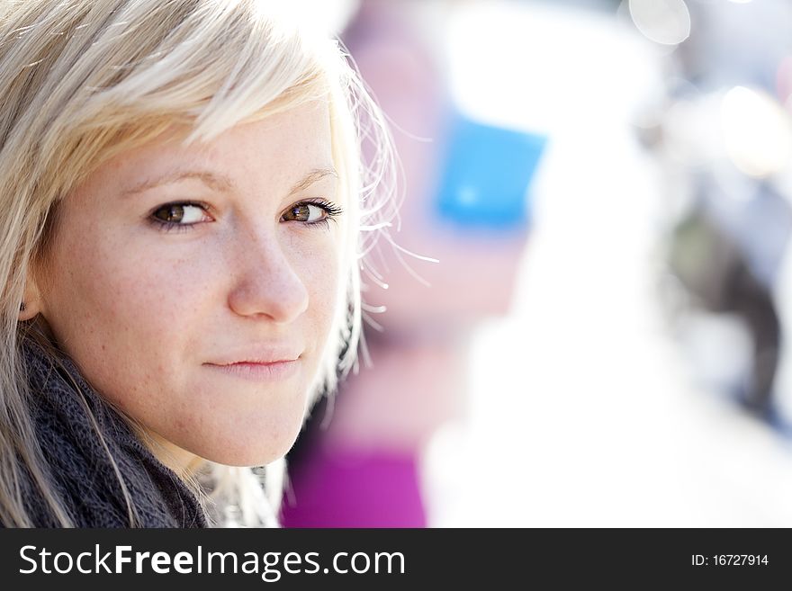 Young beautiful portrait of a blond girl. Focus on the right eye. Young beautiful portrait of a blond girl. Focus on the right eye.