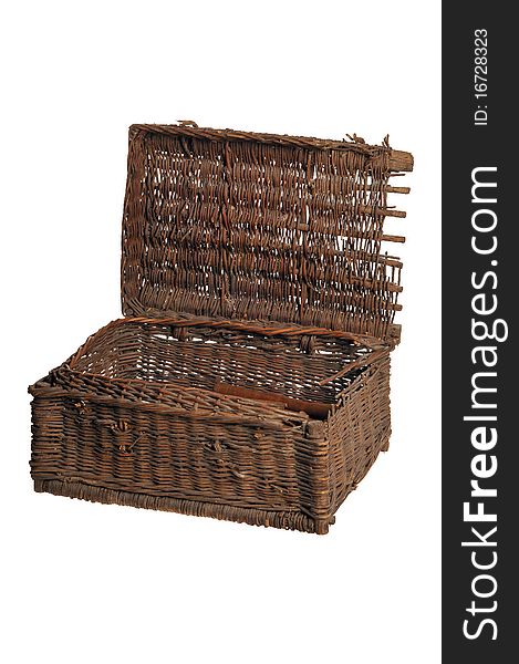 Old wattled basket with an open cover on a white background