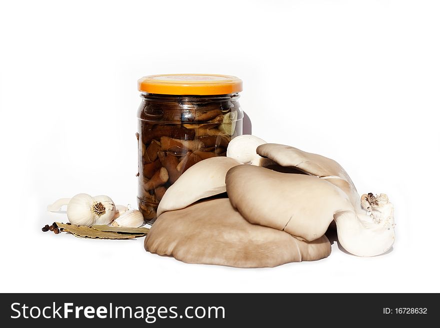 Bank of canned mushrooms, garlic, bay leaf, black pepper, peas and fresh oyster isolated on white background