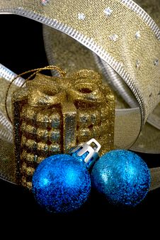 Golden And Blue Christmas Balls And Ribbon Stock Images Golden And Blue Christmas Balls And Ribbon Stock Images