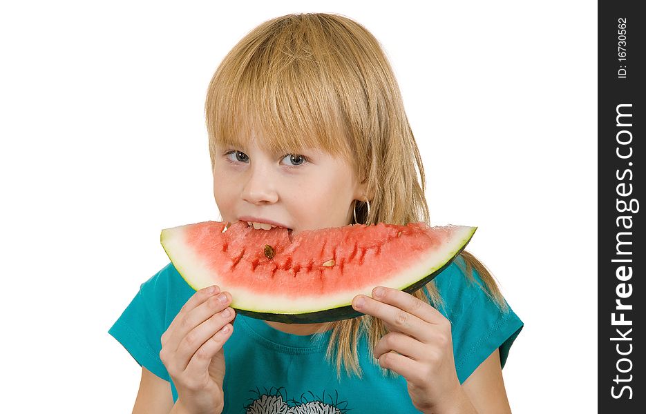 Girl isolated on white background eats watermelon. Girl isolated on white background eats watermelon