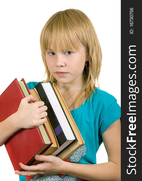 Girl with book is insulated on white background