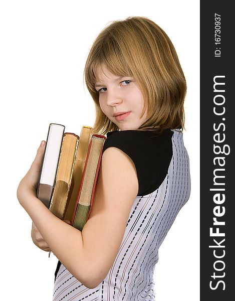 Girl isolated on white background keeps books. Girl isolated on white background keeps books