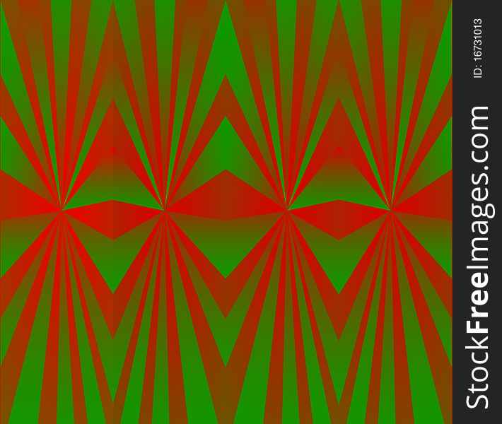 A green background with red lights lines like in a kaleidoscope view. A green background with red lights lines like in a kaleidoscope view