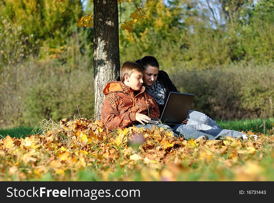 Family in park on autumn