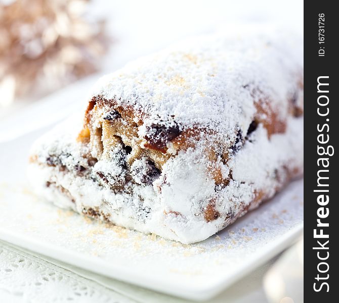 Closeup of christmas stollen with powdered sugar. Closeup of christmas stollen with powdered sugar